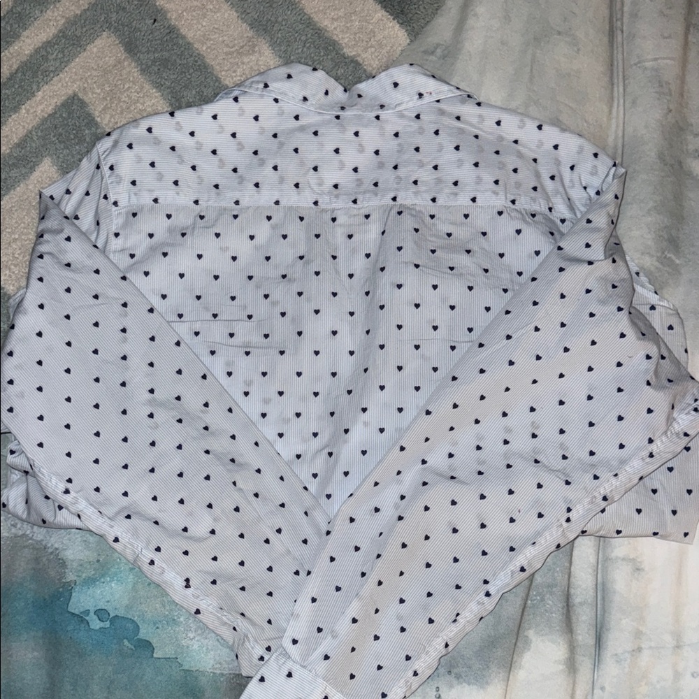EUC Frank & Eileen - Women Button Down Shirt in Blue Stripe w/ Navy Hearts - Picture 11 of 13